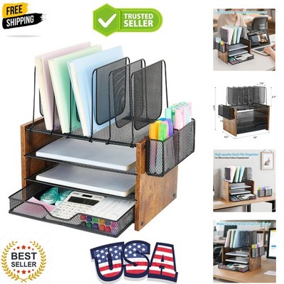 Desk Organizer, 4-Tier Desktop File Organizer with Drawer and 2 Pen Holders, ...