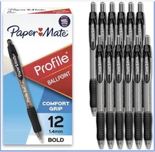 Paper Mate Retractable Ballpoint Pens, Bold Point (1.4Mmm), Black, 12 Count