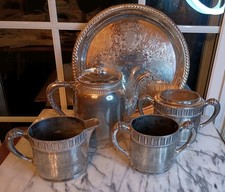 Antique Victorian Meriden Tea Coffee Pot Quadruple Silver Plate, 5 Pieces