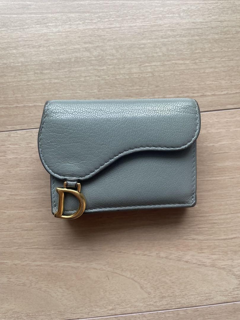 Christian Dior Saddle Lotus Wallet Blue Gray Leather Card Holder
