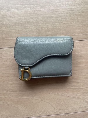 Christian Dior Saddle Lotus Wallet Blue Gray Leather Card Holder