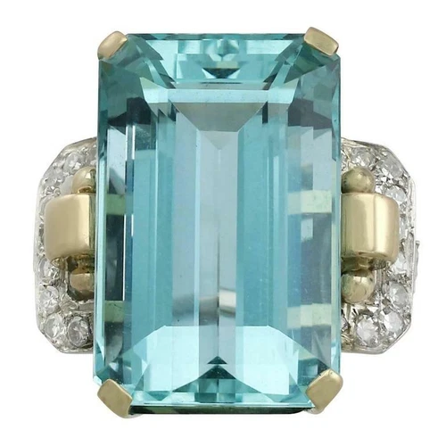 1950's 32.18 Carat Aquamarine and CZ 925 Two Tone Silver Vintage Solitaire Ring