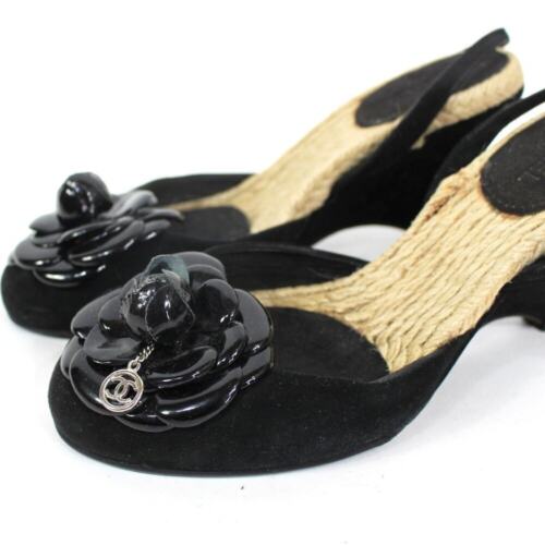 Chanel Camellia Flower CC Charm Decor Black Velvet Wedge Heels 37 US 7 - Picture 3 of 7
