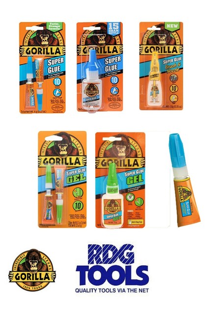 Gorilla Super Glue Full Range: 3g 2 x 3g 15g 15g Gel 12g Brush & Nozzle Gorilla Super Glue Full Range: 3g 2 x 3g 15g 15g Gel 12g Brush & Nozzle