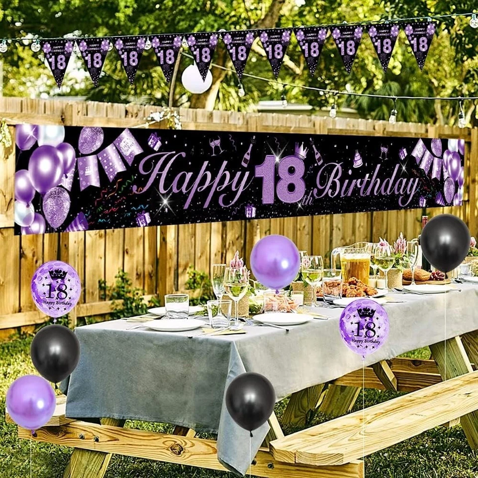 18th Birthday Party Decorations Set 30Pcs Confetti Balloons Banner Purple 18 - Image 3 of 4