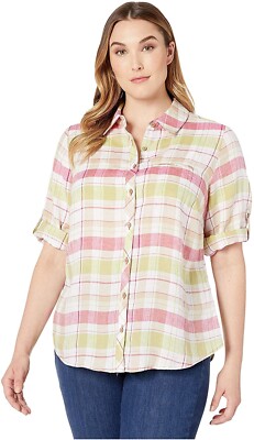 Foxcroft 256761 Women Plus Reese Linen Plaid Flamingo Size 16