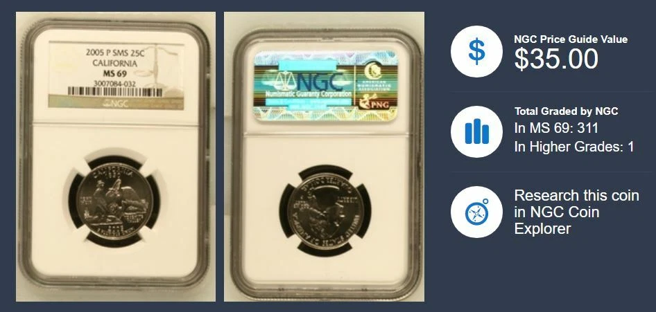 2005 P SMS CALIFORNIA 25C NGC Grade MS 69 3007084-032 - Image 2 of 2