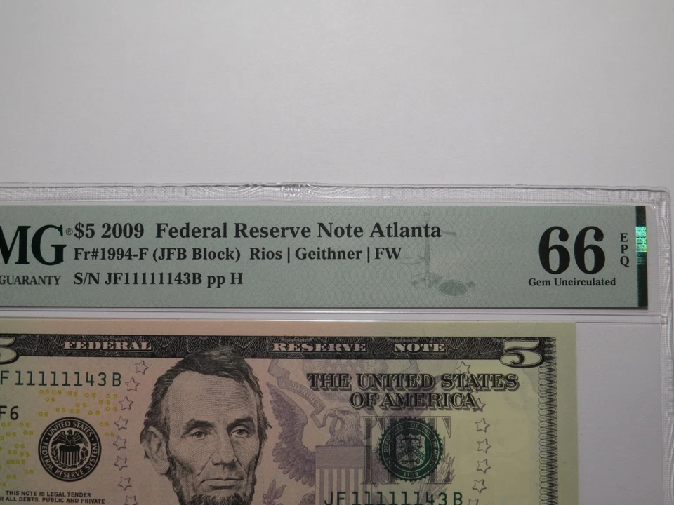 $5 2009 Fancy Near Solid Serial Number Federal Reserve Bank Note Bill #11111143 - Image 3 of 4