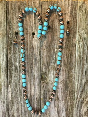 Faux Navajo Copper Turquoise Pearl Necklace Set