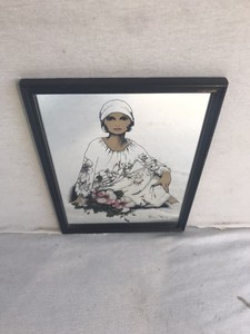 Ancien Miroir Dessin Sara Moon Femme Deco Fleurs Cadre Bois Noir Vintage Ebay