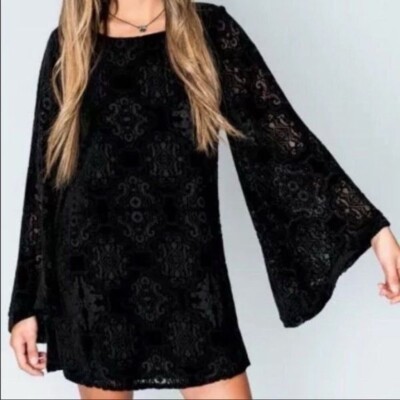 NEW Show Me Your Mumu Womens Medium Bell Sleeve Black Velvet Burnout Mini Dress