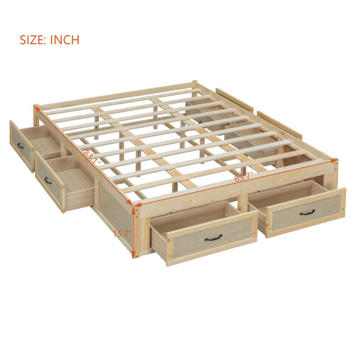 Queen Size Platform Bed with 6 Storage Drawers, Antique Natural - Picture 5 of 9