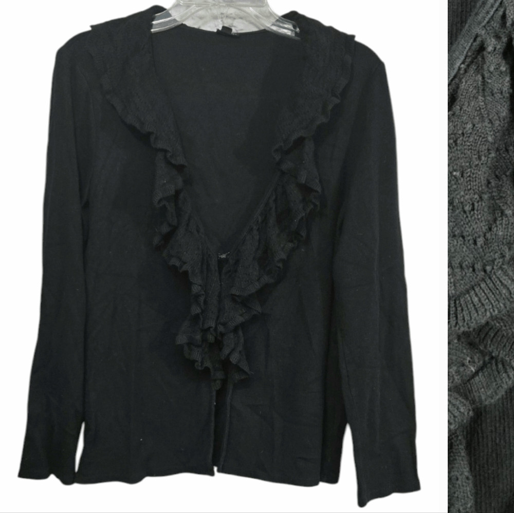 Rafaella Ruffled Solid Black Pointelle Cardigan S… - image 1