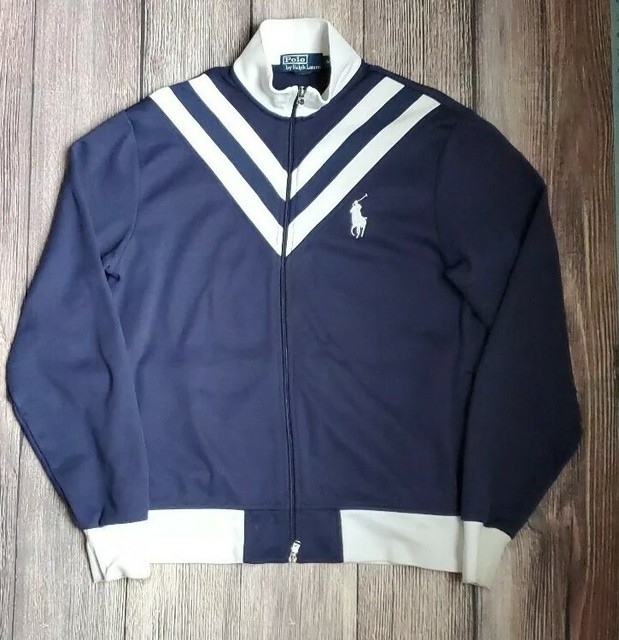 POLO RALPH LAUREN Big Pony Chevron Full-Zip Track Jacket Size M Navy Blue White | eBay