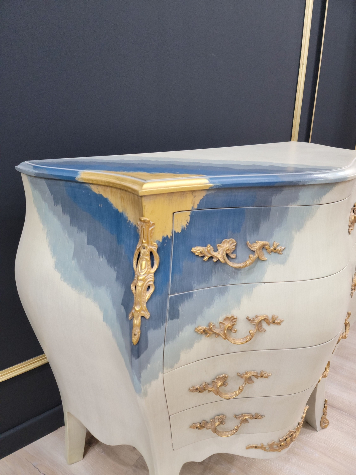 Vintage French Bombe Style, 24K Gold Leaf accent ,Solid Brass Trim, Chest of