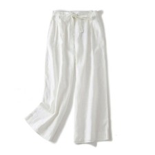 Office Lady Cotton Linen Trousers Wide Leg Pants Ankle Length Elastic Waist
