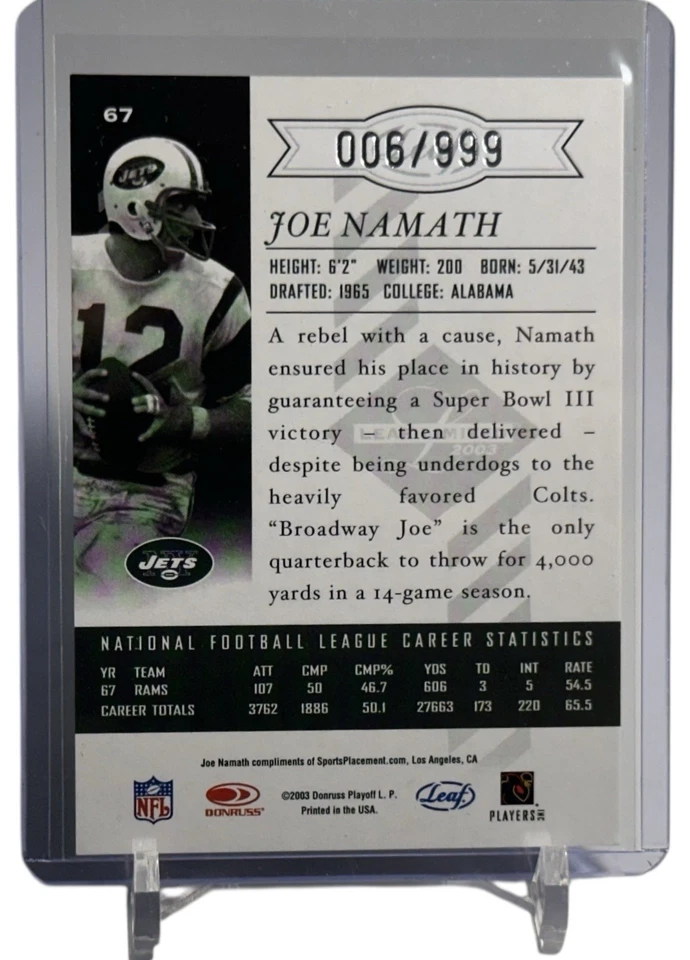 JOE NAMATH 2003 Leaf Limited New York Jets Card No. 67 #006/999 - Image 2 of 4