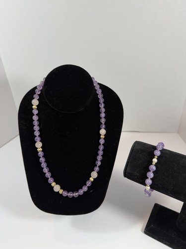 IPS 14k Gold Amethyst Rose Quartz Necklace & Bracelet Imperial Pearl Gold Beads