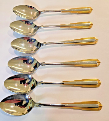 (6) Six 18/8 Stainless Reed & Barton ODESSA GOLD Oval Soup Spoons 6 3/4''