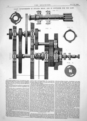 Alte Technik 1865 Yule Verbesserungen Walzwerke Kupplungen Maschine viktorianisch