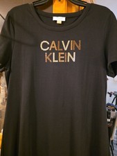 Calvin Klein Multi Rhinestone Logo Black T-Shirt Dress | Large