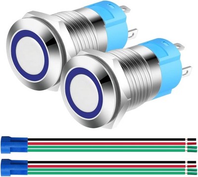 2x 12mm Wasserdicht Momentan Drucktasten Schalter Blau LED 12V-24V