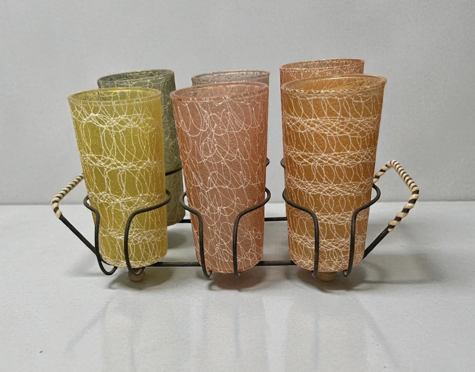 Vintage MCM Spaghetti String Rubber Coated Drink Glasses SET OF 6 with carrier - Image 2 of 4
