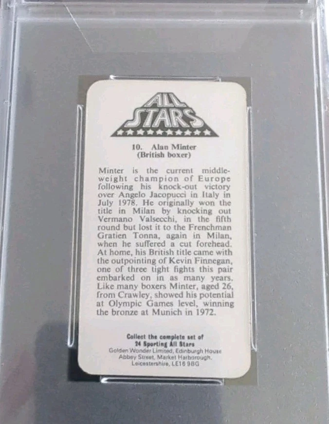 1979 Golden Wonder #10 Alan Minter Sporting All Stars PSA 9 Mint Low Population - Image 2 of 2