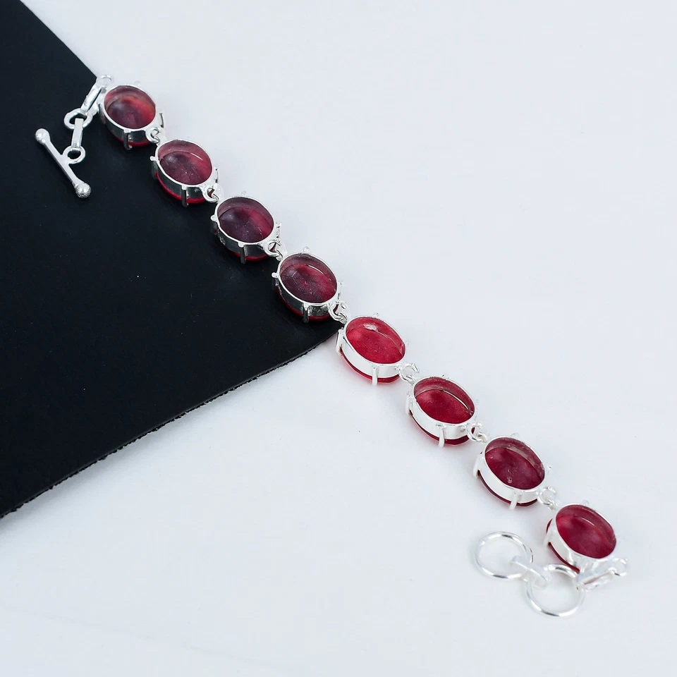 Rosso Rubino Creato IN Laboratorio Gemma 925 Argento Sterling Braccialetto Per - Immagine 4 di 4
