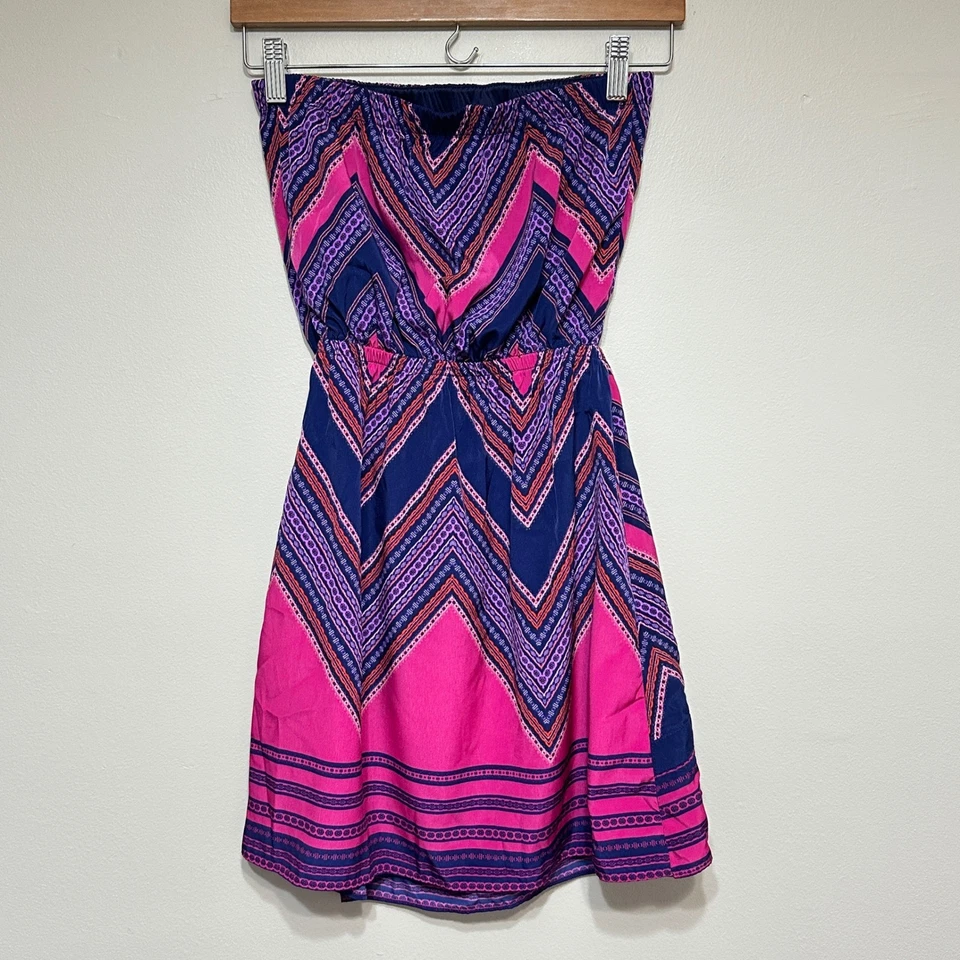 Express Y2K без бретелек мини платье женщин XS розовый фиолетовый шеврон выходные - Изображение 4 из 4