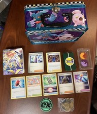 Pokemon Trainer Lot 50+ cards years 2020-2024, 2 Coins+Lunchbox+insert book+Dice