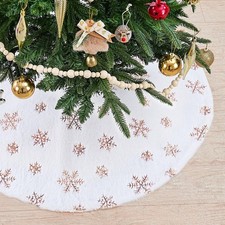 White Christmas Tree Skirt 24 Inch Small Faux Fur Rose Gold Snowflake Tree Sk...