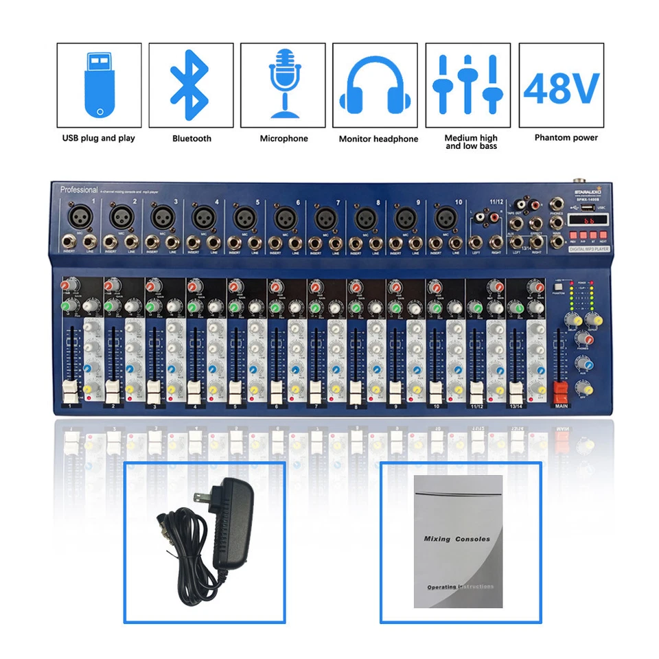 14 Channel Audio Mixer 16 DSP USB bluetooth Stereo Mixing Console Studio System - Image 3 of 4