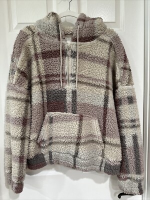 Reflex Women's LG 1/4 Zip Pullover Sherpa Style Hoodie Beige Pink Multi Plaid