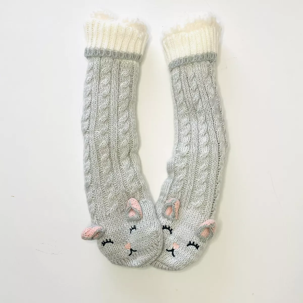 Women's Grey Cat Slipper Socks with Grippers Sherpa Lined New