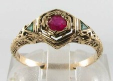  9CT 9k GOLD RUBY EMERALD TRILOGY ART DECO INS FILIGREE RING FREE RESIZE