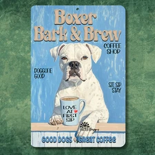 Boxer Coffee Bar Sign Bark & Brew dog pub funny metal tin kitchen wall art gift