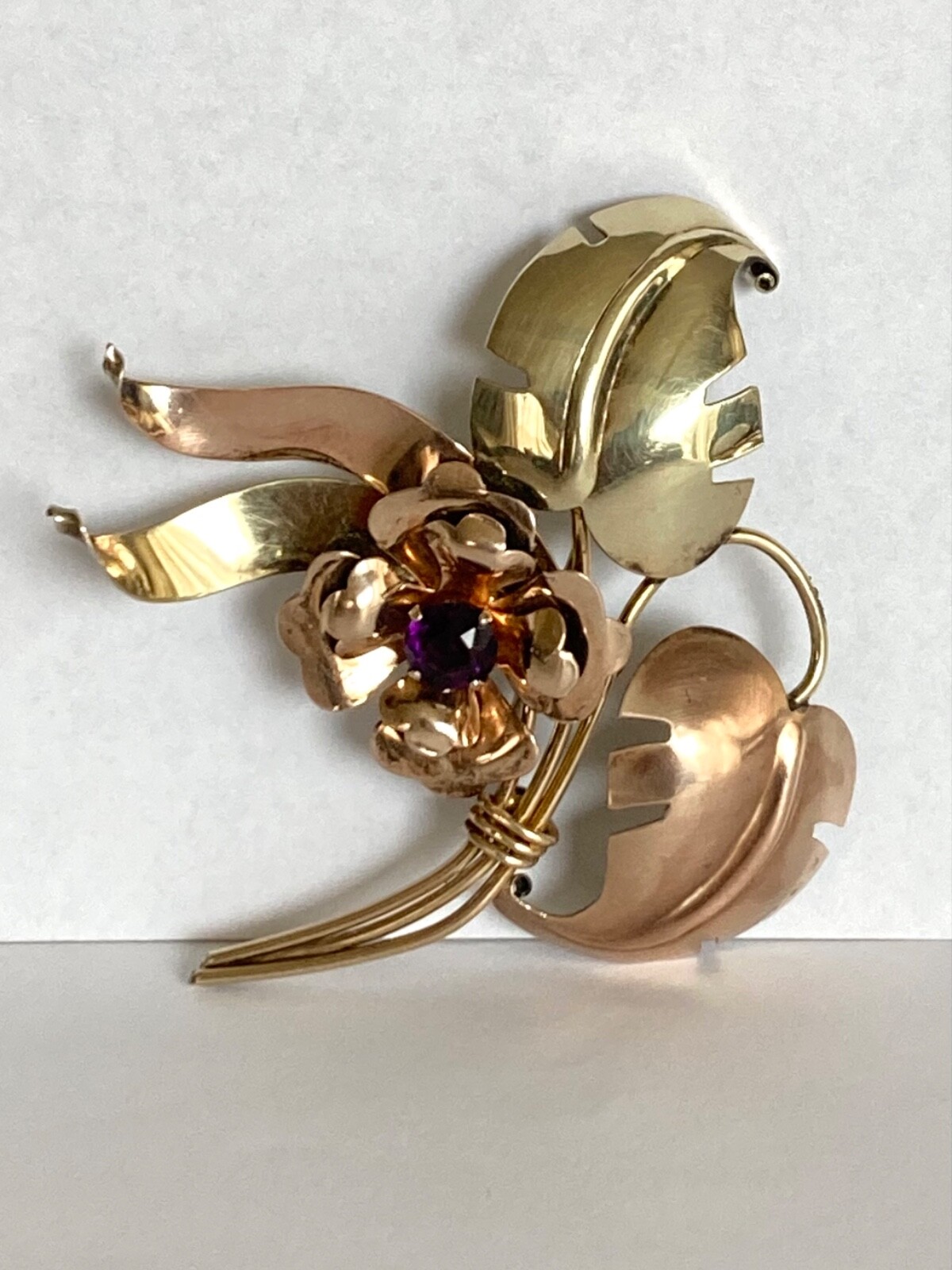 Vintage Harry Iskin 1/20 10k Gold Filled Flower Brooch Purple Glass Stone