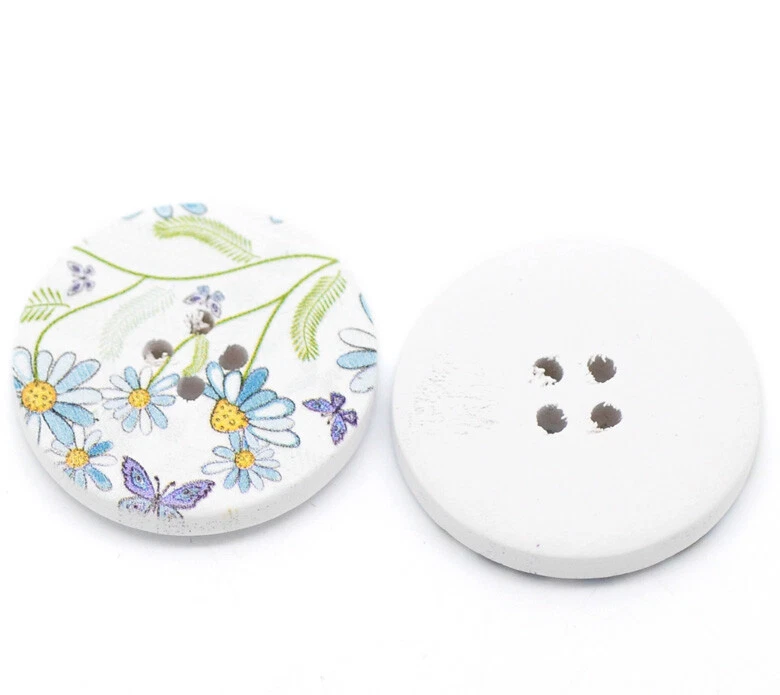 Pack of 10 Purple and Blue Flower & Butterflies Design Wooden Buttons 30mm - Image 2 of 2