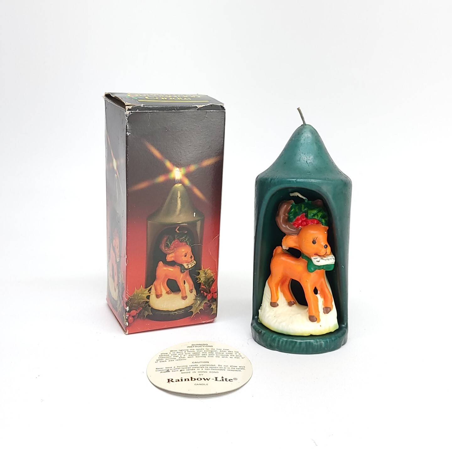 Christmas Holiday Rainbow Lite 2 In 1 Reindeer Candle 70's Original Box