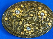 Clear  Yellow Rhinestones On Flower Swirl Design Pattern Western Belt Buckle