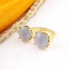 Lite Blue Chalcedony Gold Plated Prong Set Open Adjustable Double Stone Ring