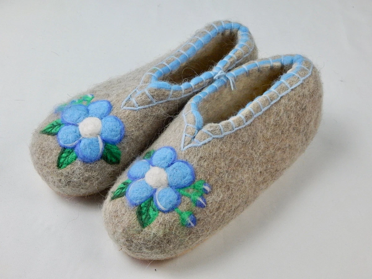 100 Wool Felt Handmade Embroidered Winter Slippers Boots House