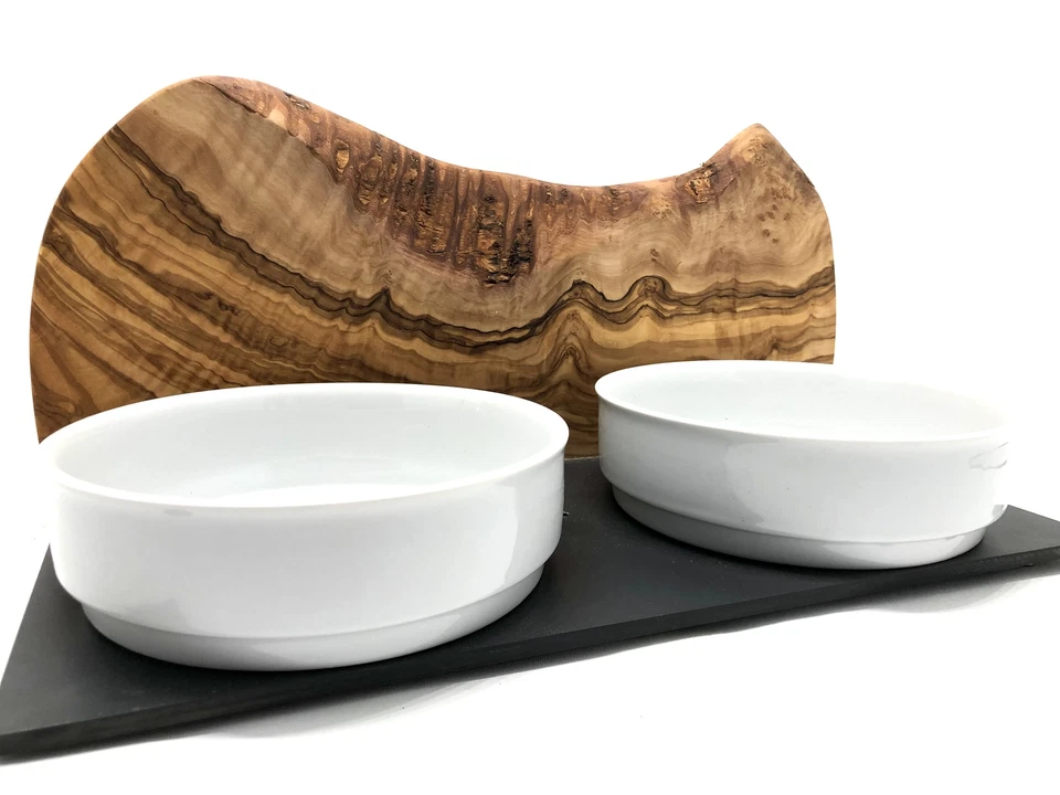 Futterstation MOUNTAIN 2 x Porzellanschalen auf OLIVENHOLZ Holz - Bild 2 von 4