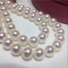 35" RARE AAAA  8-9MM NATURAL AKOYA ROUND WHITE PEARL NECKLACE 14Kp GOLD CLASP