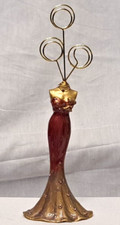 Vintage Elegant Pink Evening Gown Dress Enamel Rhinestone Gold Wire Card Holder