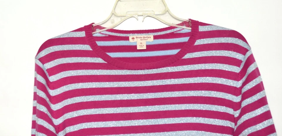 Brooks Brothers Rose Pink and Silver Metallic Striped Womens Sweater Top Size XL - Image 3 of 4