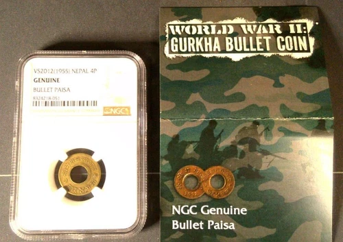 VS2012 (1955) Nepal 4p Bullet Paisa - NGC Genuine COA - Gurkha Bullet Coin WWII