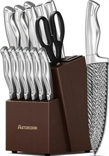 Knife Set, 15-Piece Kitchen Knife Set with Block Wooden German Stainless Steel
