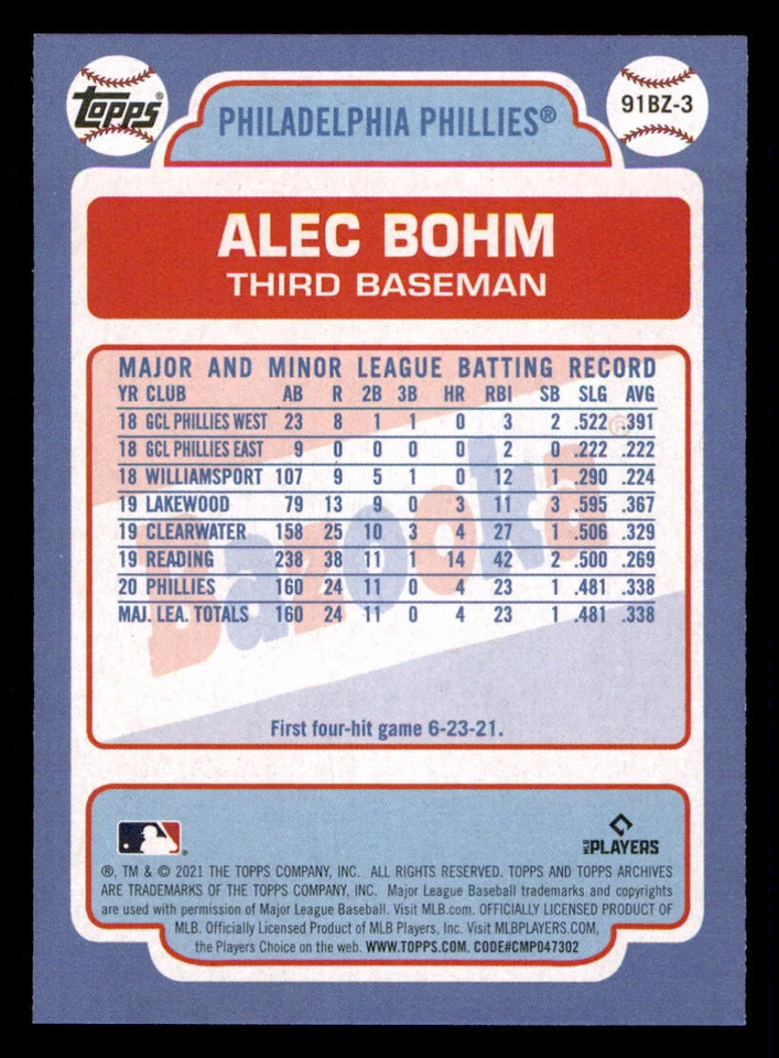 2021 Topps Archives '91 Bazooka Shining Stars #91BZ3 Alec Bohm - Image 2 of 2